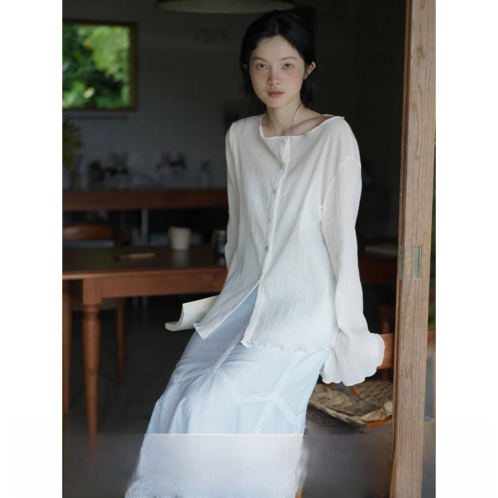 

Early Autumn White Pleated Long Sve Women's Cardigan Sun Protection irt Versatile Commute Sle round Ne Regular Length