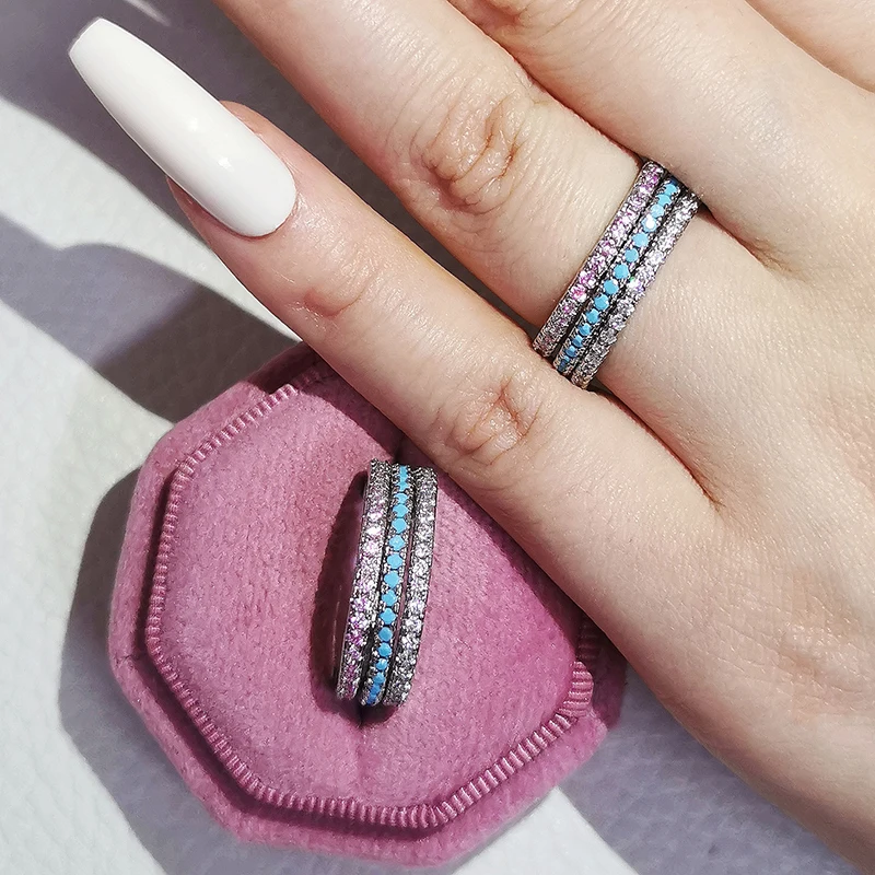 2024 new Lots Trendy Fashion silver pink blue color aesthetic Stackable Band Eternity Ring for Women Party Gift R1090A