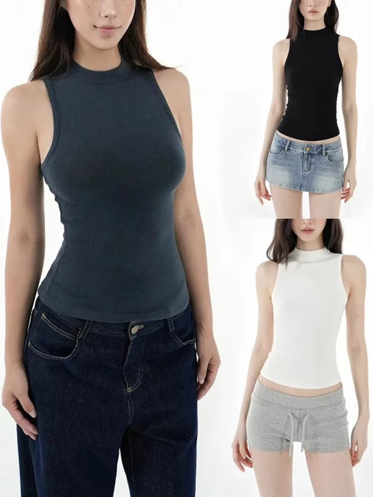 

Ретро-американская спортивная женская футболка без рукавов с воротником-стойкой, облегающая, эластичная, для повседневной носки, в стиле Sol...