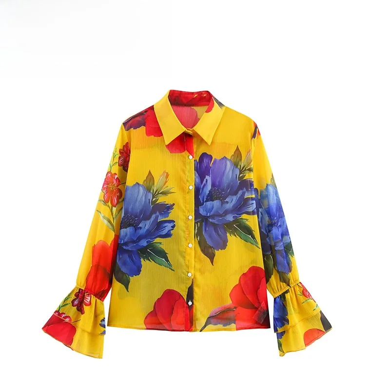 

ZBZA Faionable Women's irt Spring New Design Bell Sve Printed Chiffon Casual Loose Fit Long Sve Polyester Fiber