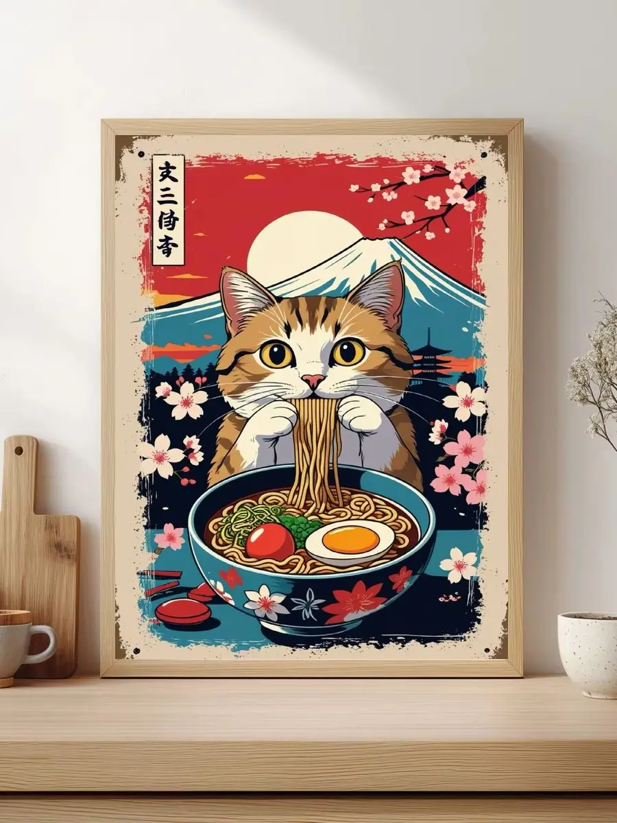 1 Stück 30x40cm/11,8x15,7 Zoll, 11Ct/14Ct Kreuzstich-Set, DIY Valentinstagsgeschenk, Stickerei-Set für Festlichkeiten, Ramen-Katze im japanischen Stil – Detail 1
