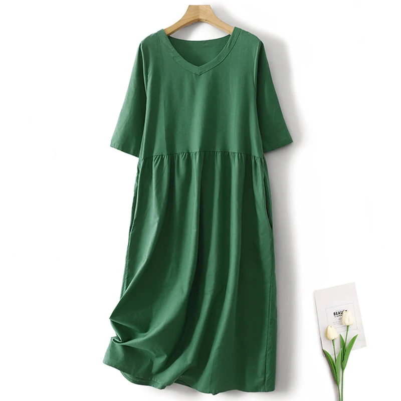 

NYFS 2024 Summer New Office Lady Woman Dress Vestidos Robe Ete Femme Elbise Loose Cotton Linen Short Sleeve Solid Long Dresses