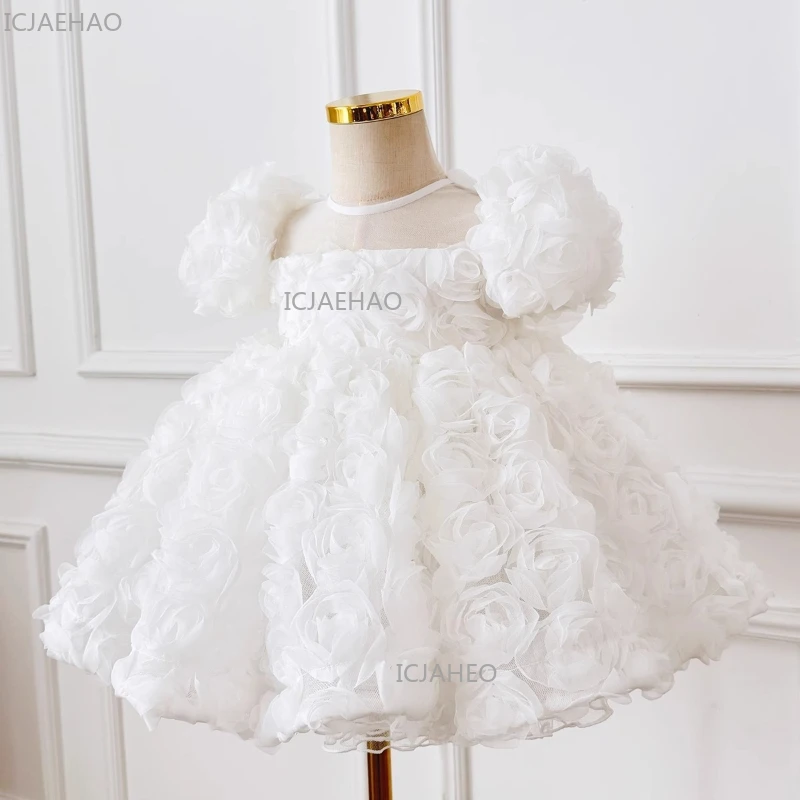 2026 White Children Puff Short Sleeve Princess 3D Floral Gown Birthday Party Pageant Formal Attire Celebration Outfit Kids Dress