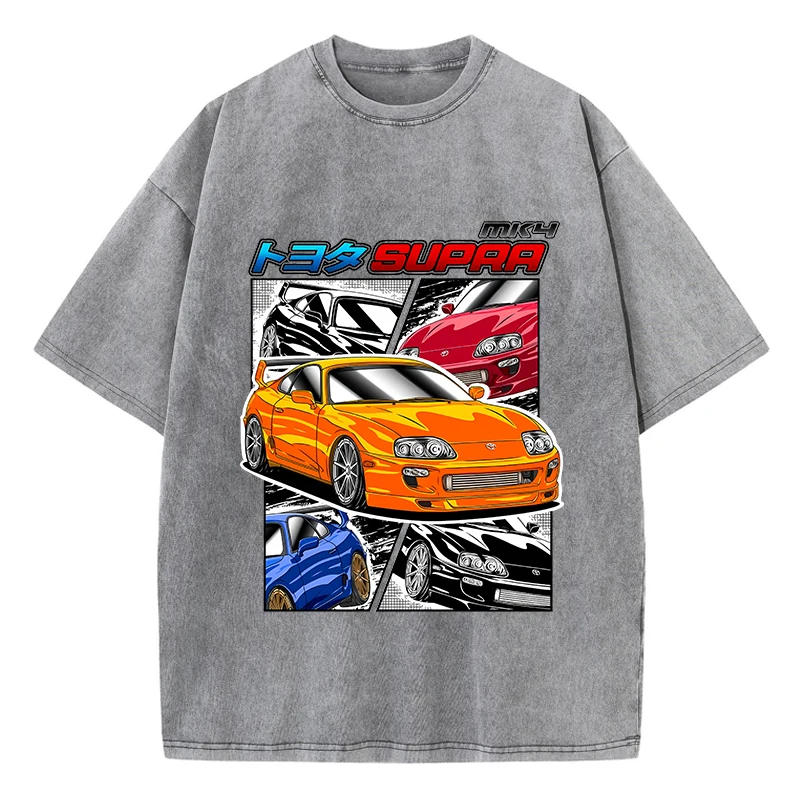 Street Woman Washed T-Shirts Supra Racing Comic Print Short Sleeve Comfortable Cotton Oversize Tops Summer Casual Female Clothes