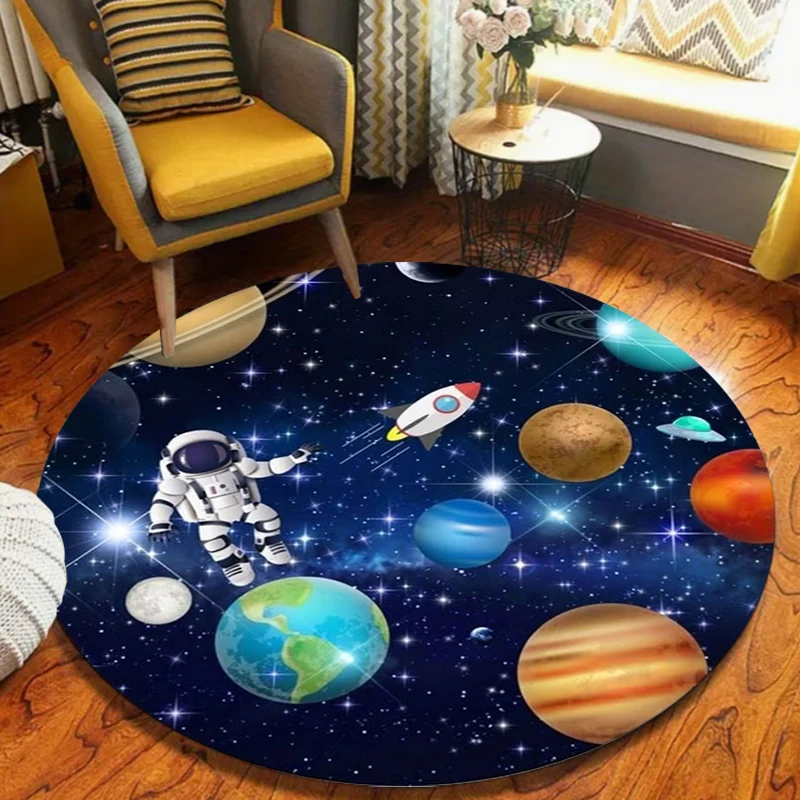 Cosmic Planet Round Rug Cartoon Space Astronaut Pattern Home Decor Carpet Soft Non-Slip Floor Mat for Kids Room Living Room