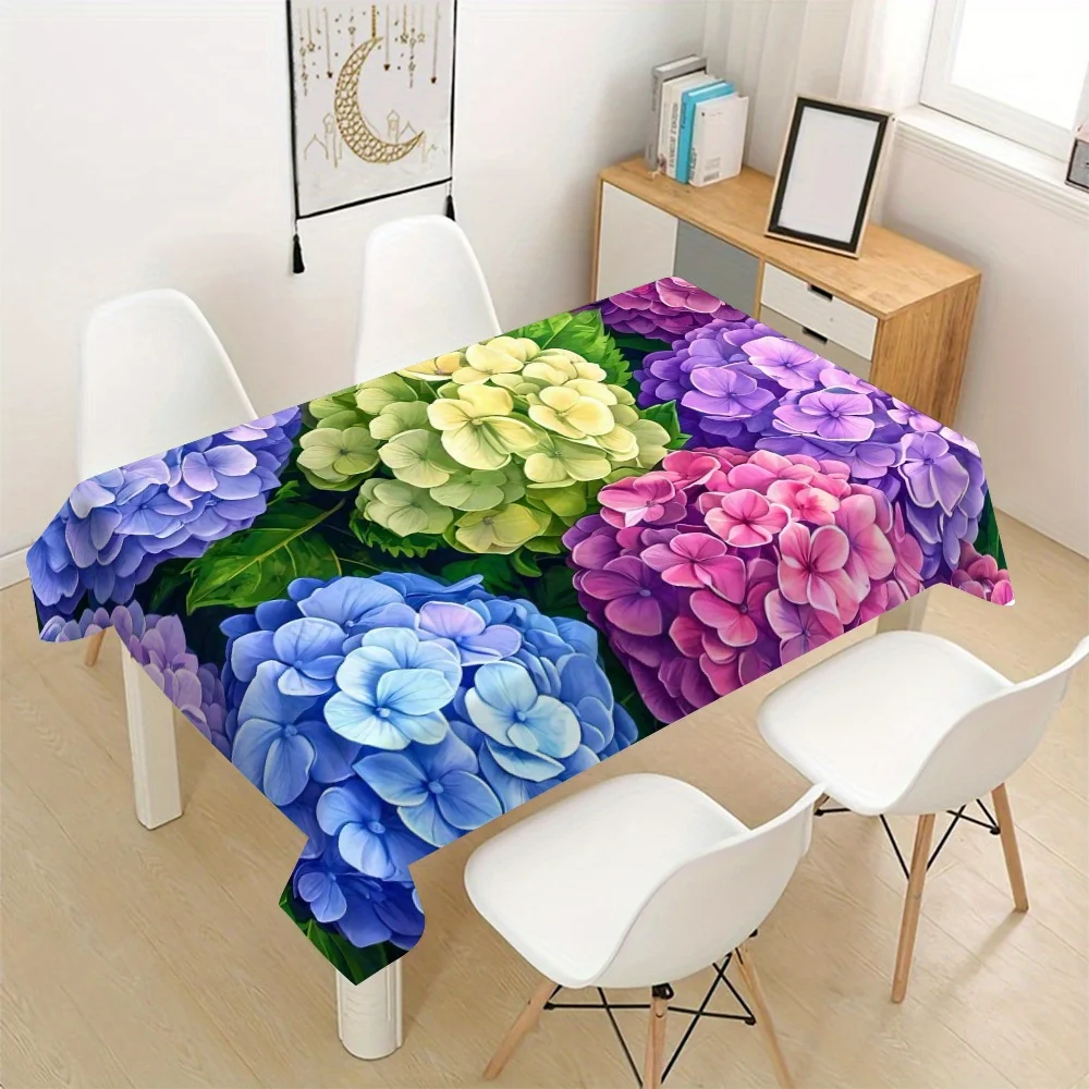 Floral Tablecloth, Colorful Hydrangea Flower Print Cover, Washable Table Cloth for Party, Fresh Vibrant Home Table Decor