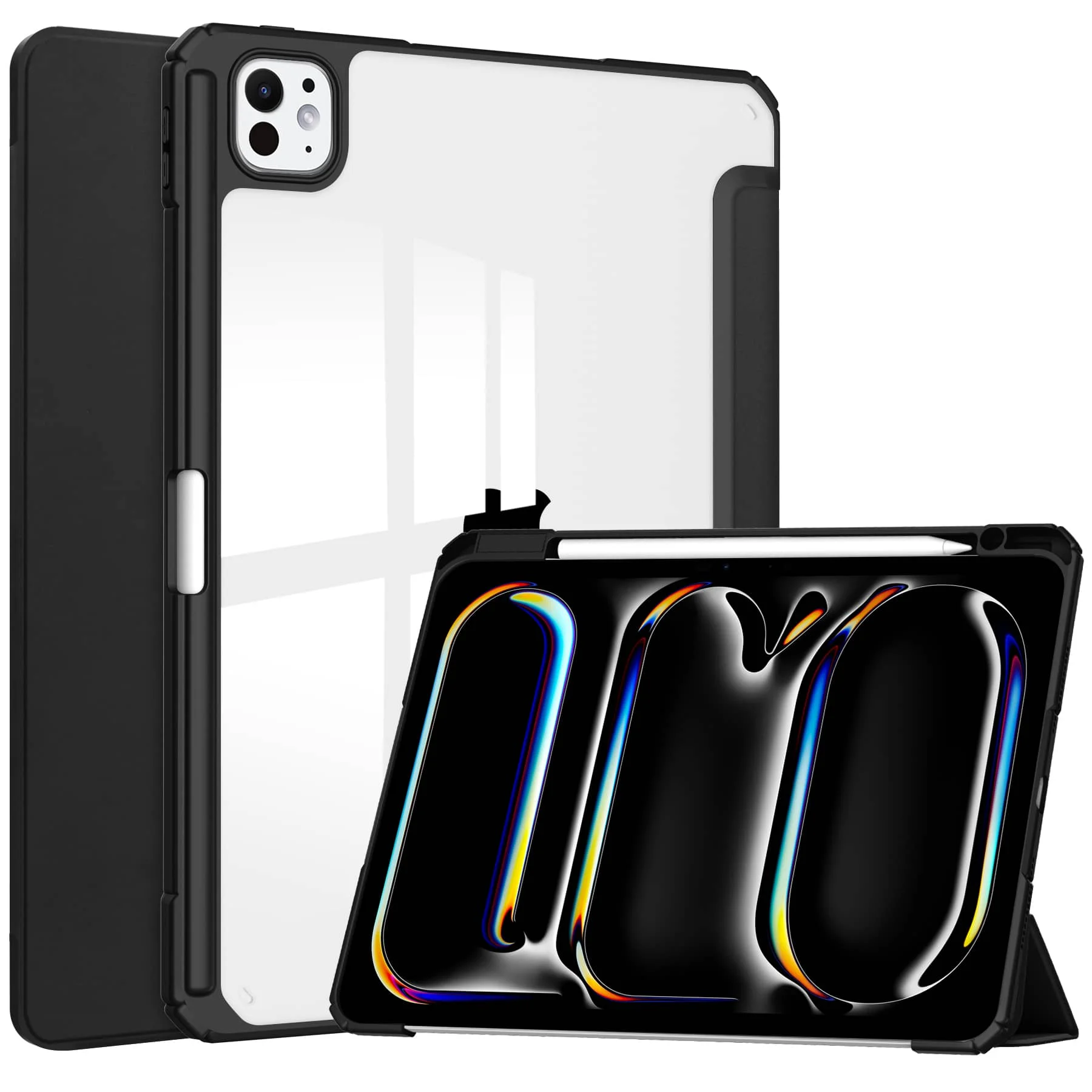 For iPad Pro 13 M4 2024 with Pen Holder-[Tri-fold Stand + Auto Wake/Sleep], High-grade Acrylic Case Transparent Back Cover