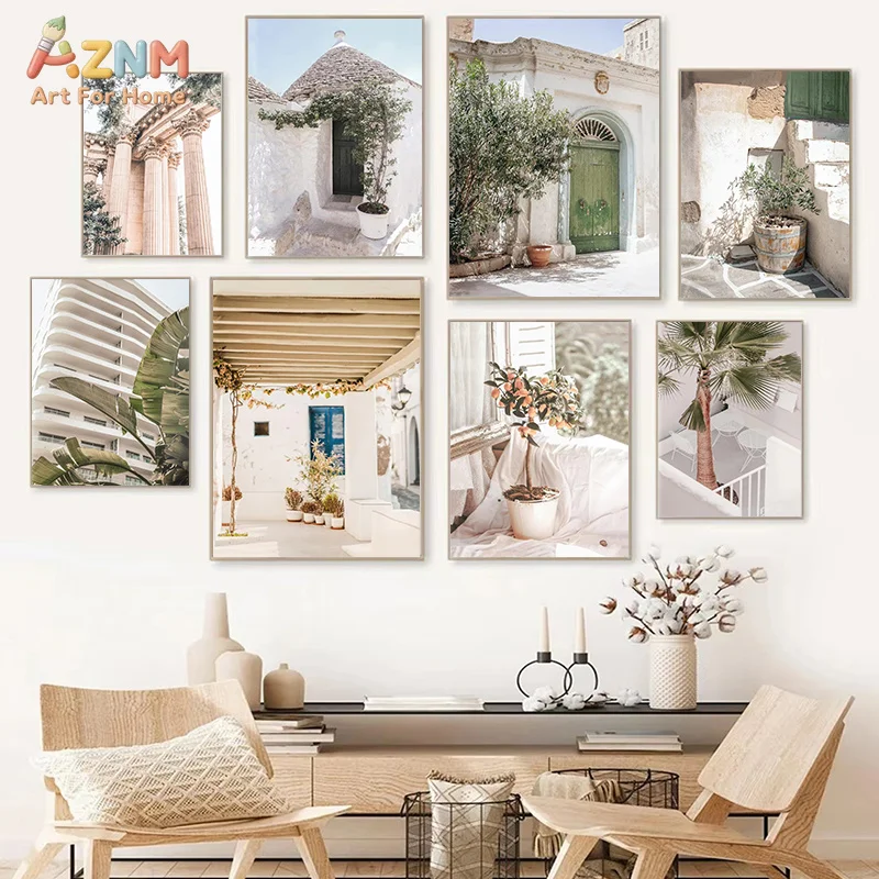 AZNM Mediterranean White Building Canvas Wall Art Neutral Tropical Plant Villa Scenery Print Unframed Canvas Painting for Living