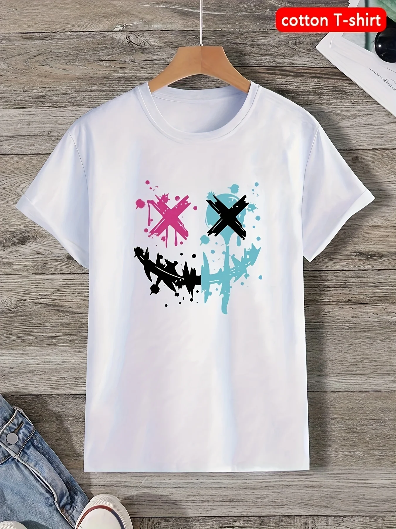 

Men's Geometric Print Cotton T-Shirt - Summer Casual & Business Casual Short Sleeve Tee with Pink/Blue Splash Design