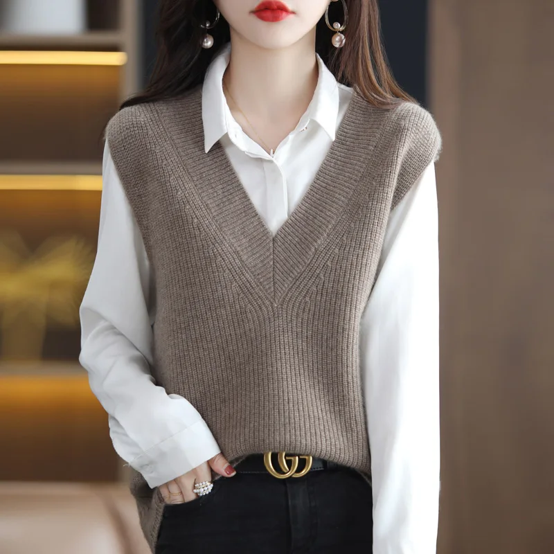 Fashion Women Vest 100% Merino Wool Waistcoat V-neck Sweater Spring Autumn Pure Color Casual Sleeveless Pullover Female Clothing