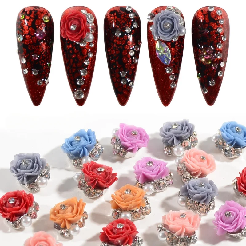 10Pcs Rose Flower 3D Nail Rhinestone Decoration Nail Jewelry Colorful Mixed Pearl Beads Charms Valentine's Nail Arts Supply