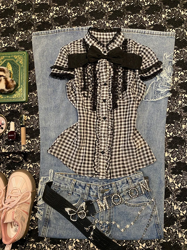 Bla Plaid ort Sve irt Vintage Summer Women's Faion Stand Collar Top Cotton Blend Regular Fit irt Korean Sle