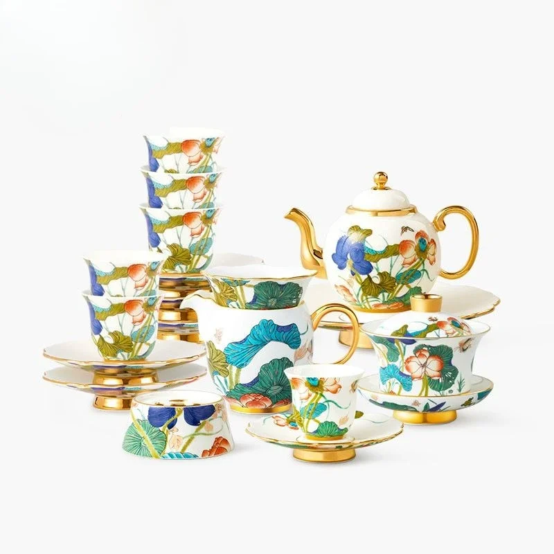 Happy Heming 21-head Kung Fu tea set, ceramic cover bowl pot Sancai bowl