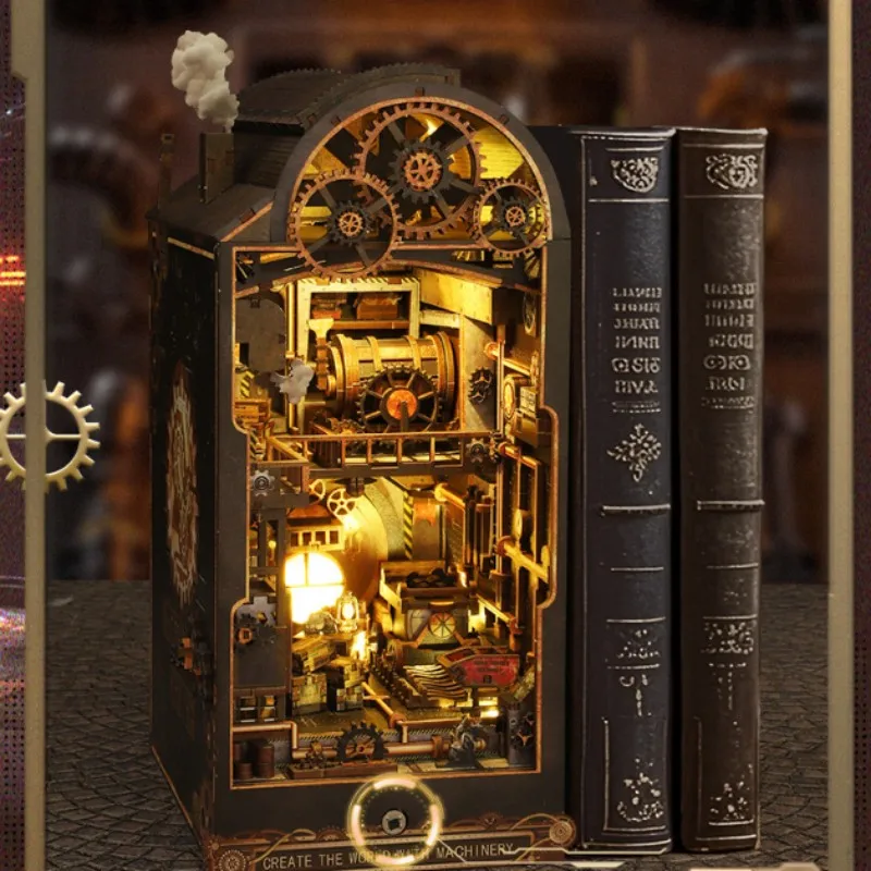 

Diy 3D Wooden Book Nook Shelf Insert with LED Lights Miniature Model Kit for Bookshelf Decor Mechanical Rhythm Unique Gift Idea