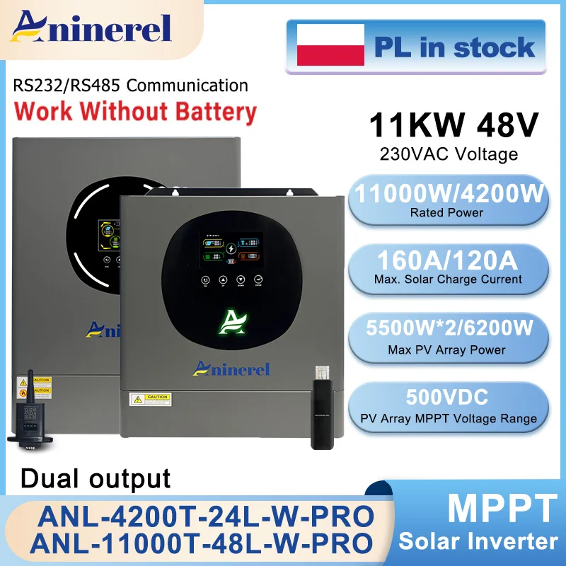 11KW Hybrid Solar Inverter 6.2KW 48V 4.2KW 24V Pure Sine Wave Off/On Grid Inverter PV 500V 160A  MPPT Solar Charger Dual Input