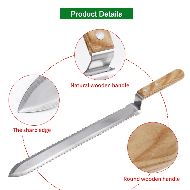 Honey Cutting Knife with Wooden Handle Stainless Steel Blade Beekeeping Tool Flat Mouth Single And  Double Tooth Edges To Choose