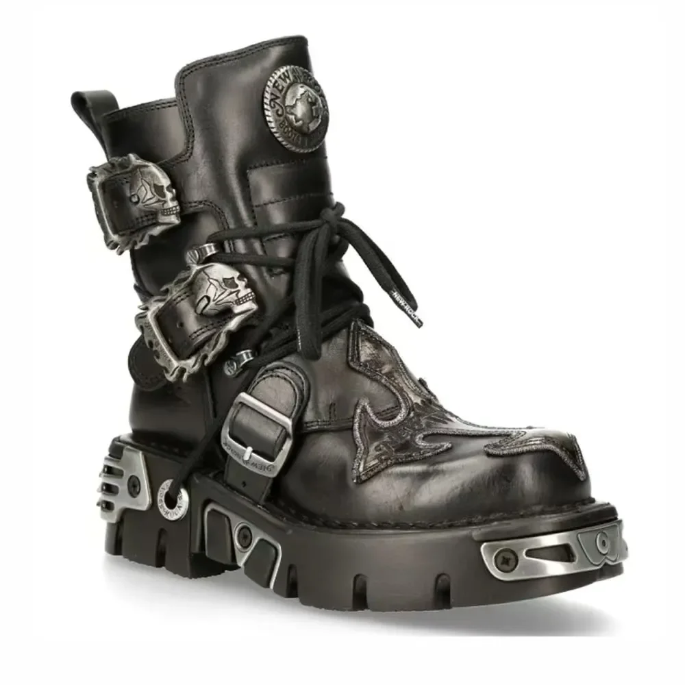 Fashion Men's Cow Genuine Leather Motorcycle Boots, New Unisex Mid-calf Skull Devil Goth Punk Metallic Western Boots Plus 48