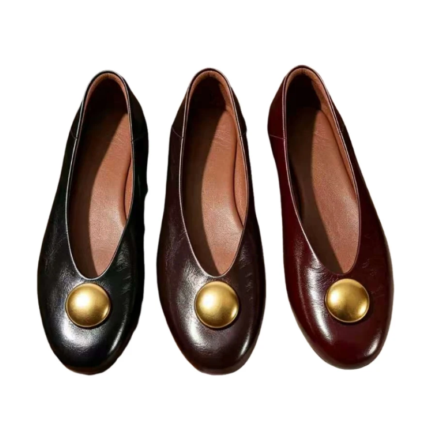 Women Round Toe Slipon Flat Shoes Vintage Gold Metal Decor Ballet Flats Elegant Daily Casual Dress Shoes Ladies Soft  BH0227