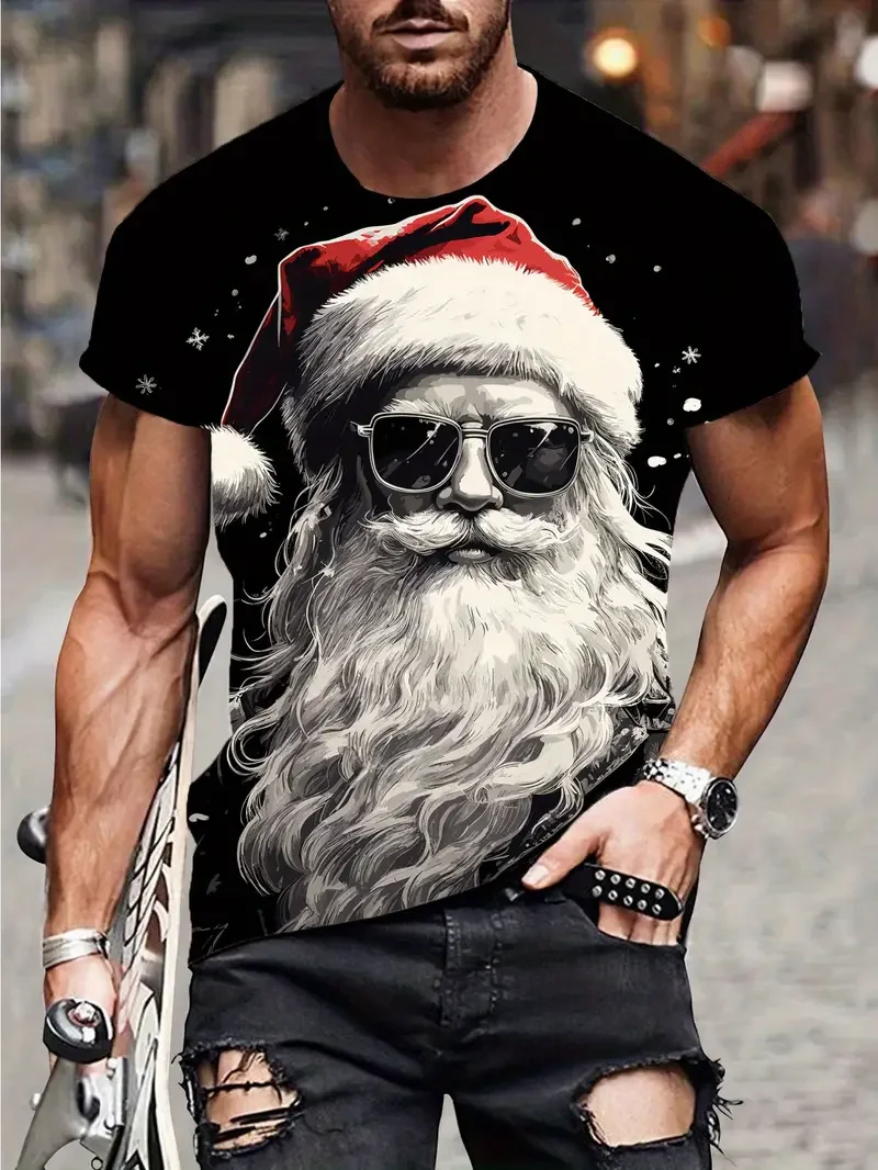 Funny Santa Claus Print T Shirt For Men Fashion New Year Streetwear Casual O-neck Short Sleeve Loose Tops Hip Hop X'mas Clothing