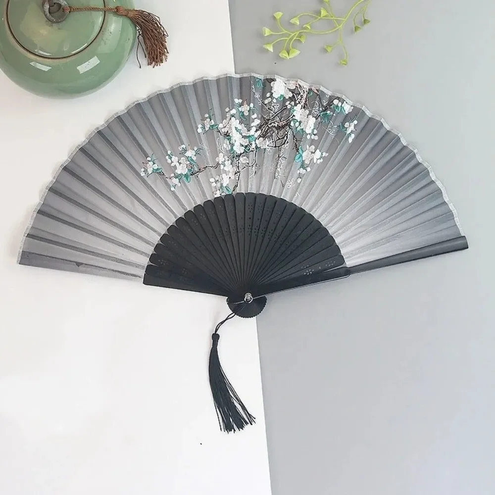 Silk Bamboo Fan with Floral Pattern, Handheld Vintage Folding Fan, Semi-Transparent, Handcrafted, Artisan Gift