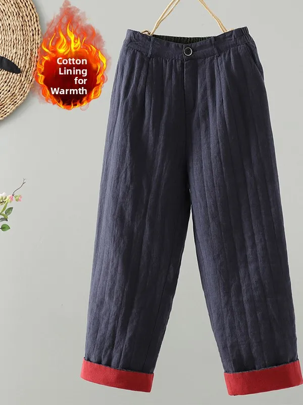 

Color Block Cuffed Striped Quilted Cotton Warm Pants Large Size Women's Elastic Waist Casual Loose Fit Harajuku Style Trousers