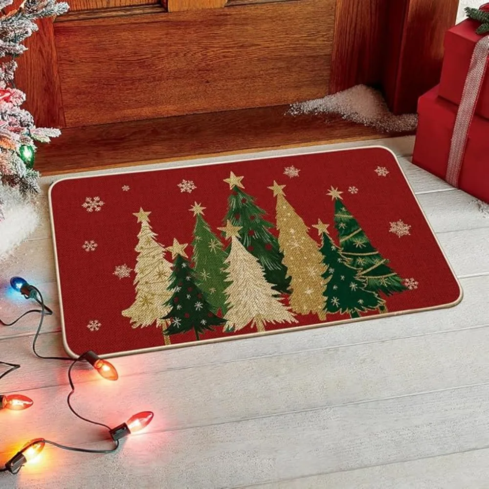 Weihnachtsteppich, Matte, Teppich, roter Hintergrund mit grünem Goldbaummuster, FROHE WEIHNACHTSText, rutschfeste Bodenmatte für Heimdekoration