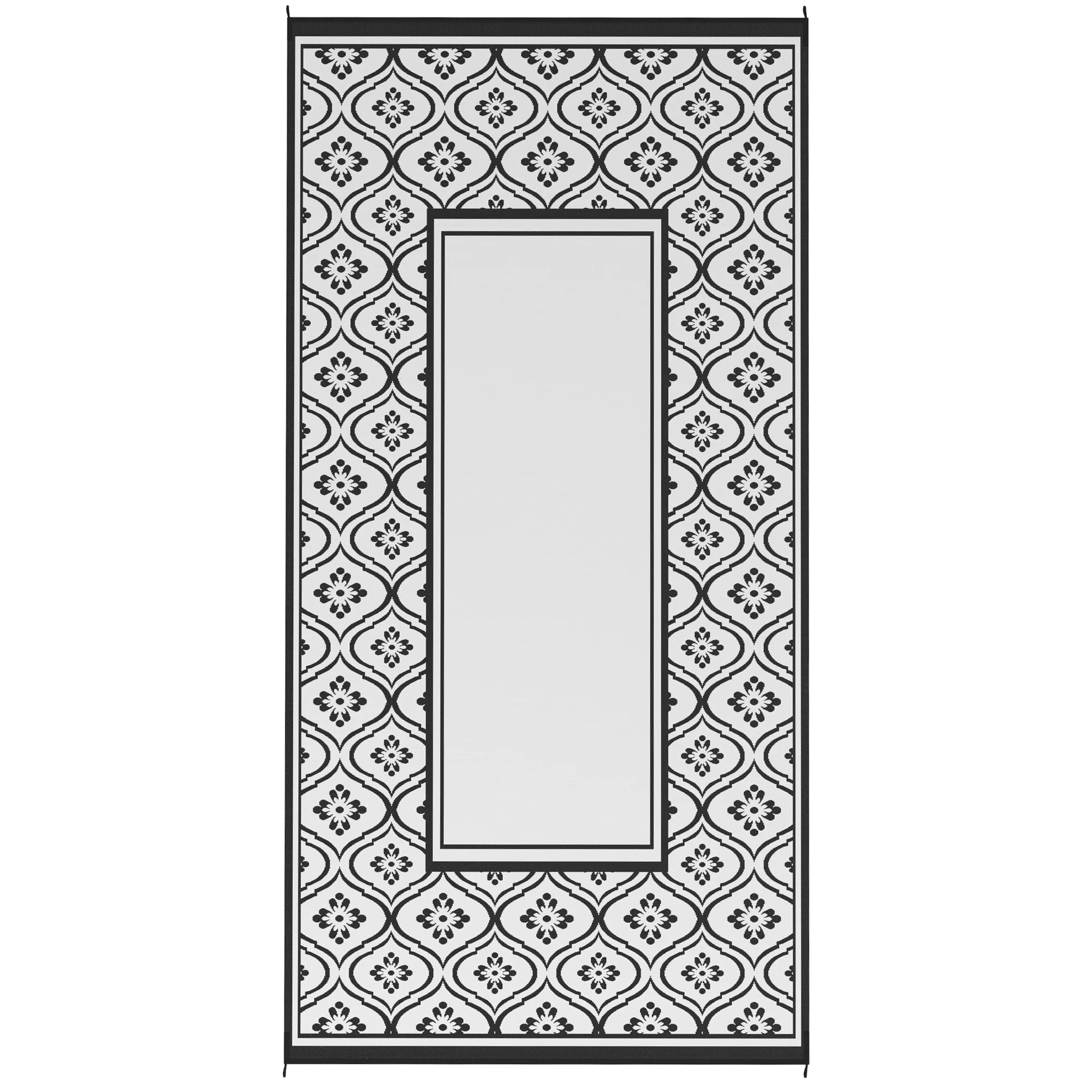 Reversible Outdoor Rug, Waterproof Plastic Straw with Carry Bag, 9' x 18', Black & White Gourd Border