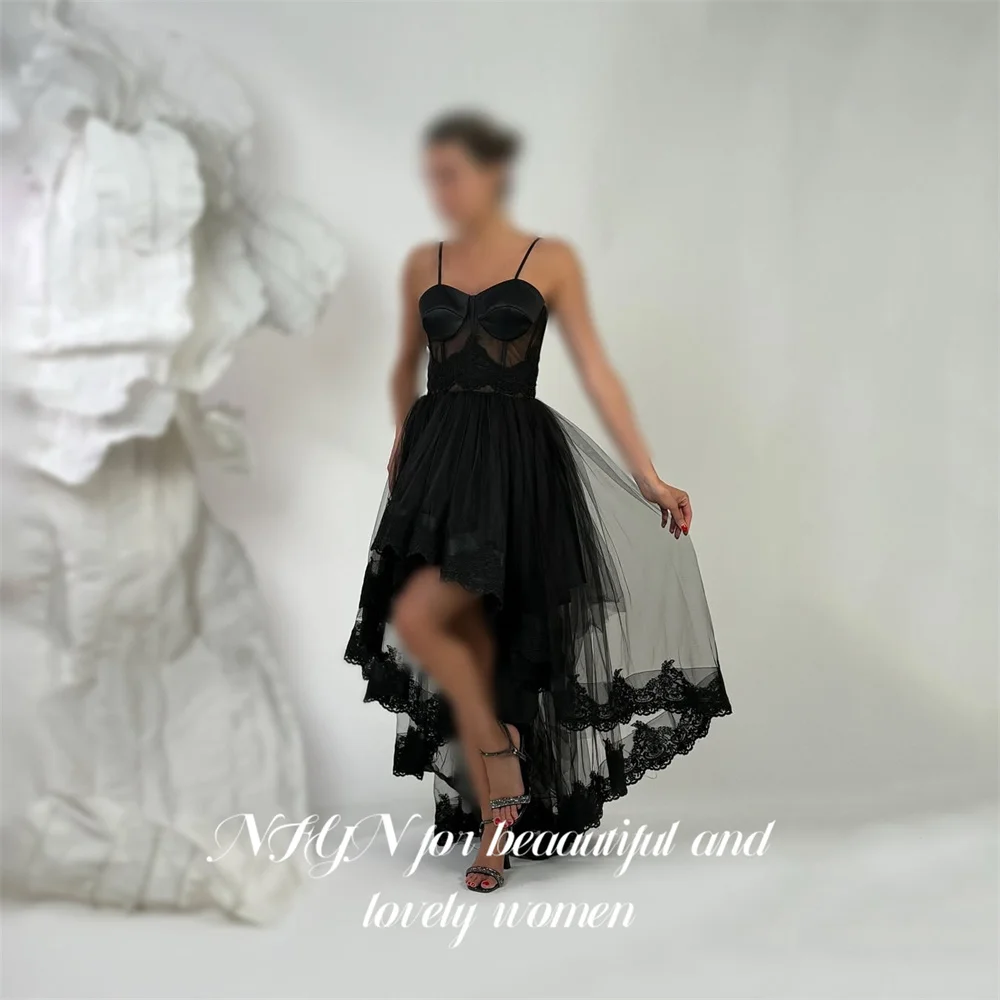NFYN Black Sleeveless Formal Gown Spaghetti Straps Prom Dresses High Low Hem Evening Dresses with Lace Modern Style Customized