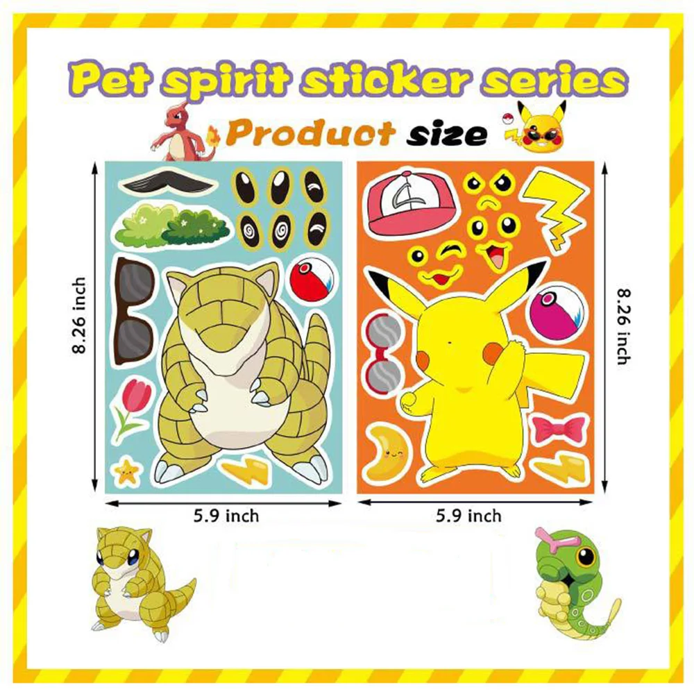 6/12Sheets Pokemon Children Puzzle Anime Stickers Make-a-Face Assemble Funny Cartoon Decal Assemble Jigsaw Children Boy Toy Gift