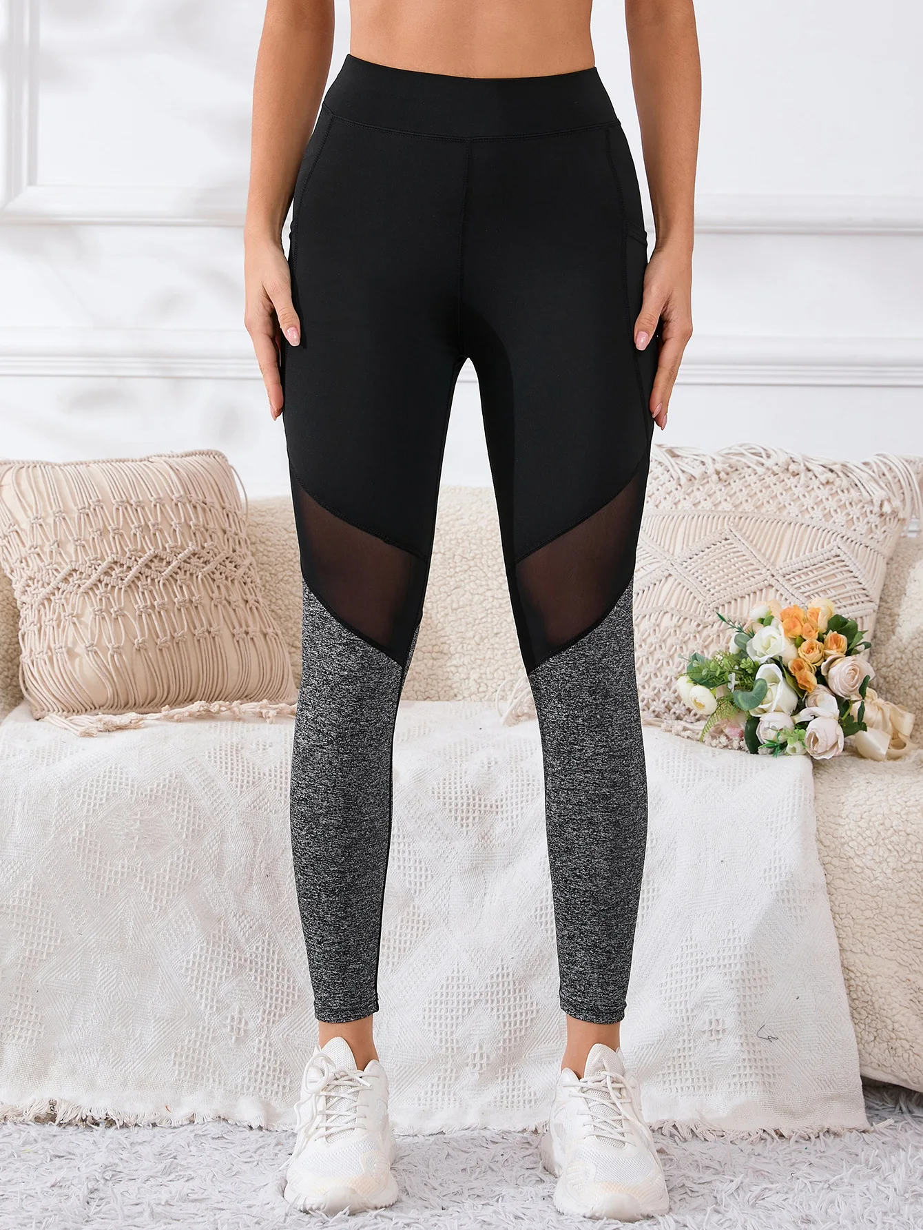 Farbblock-Yogahose für Damen, hoch taillierte und hüfthebende Taschen-Leggings, sportliche Outdoor-Freizeit-Fitnessbekleidung