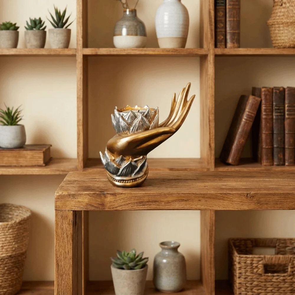Resin Hand Shape Lotus Candle Holder Irregularity Vintage Carved Fairy Candle Cup Candle Base Lotus Flower Candlestick