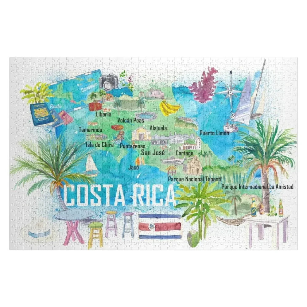 

Costa Rica Illustrated Travel Map with Roads and Highlights Jigsaw Puzzle Personalised Name Baby Wooden Woods For Adults Puzzle