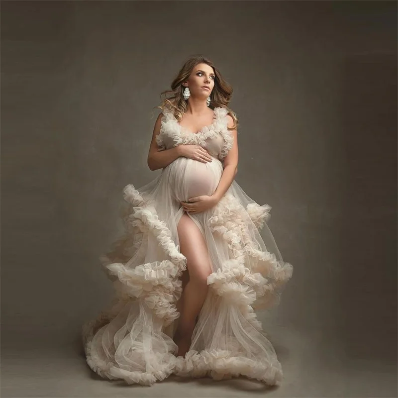 

White Maternity Dresses for Photo Shoot Robe Sexy V Neck Sleeveless Side Split Puffy Mesh Kimono Pregnant Custom Made Prom Dress