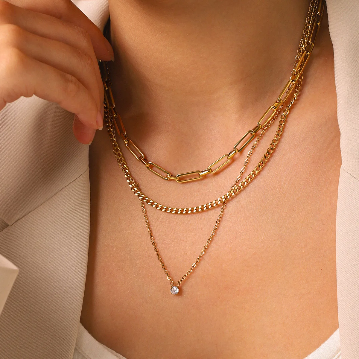 Mehrschichtige Gliederkette Halskette 18K Vergoldet Edelstahl Damen Minimalistisch Wasserdicht Anlaufbeständig Tägliches Collier Acero – Detail 3