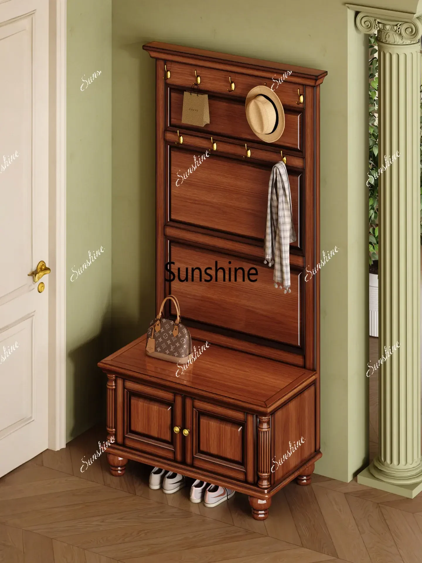 American solid wood floor coat rack, shoe changing stool integrated T*