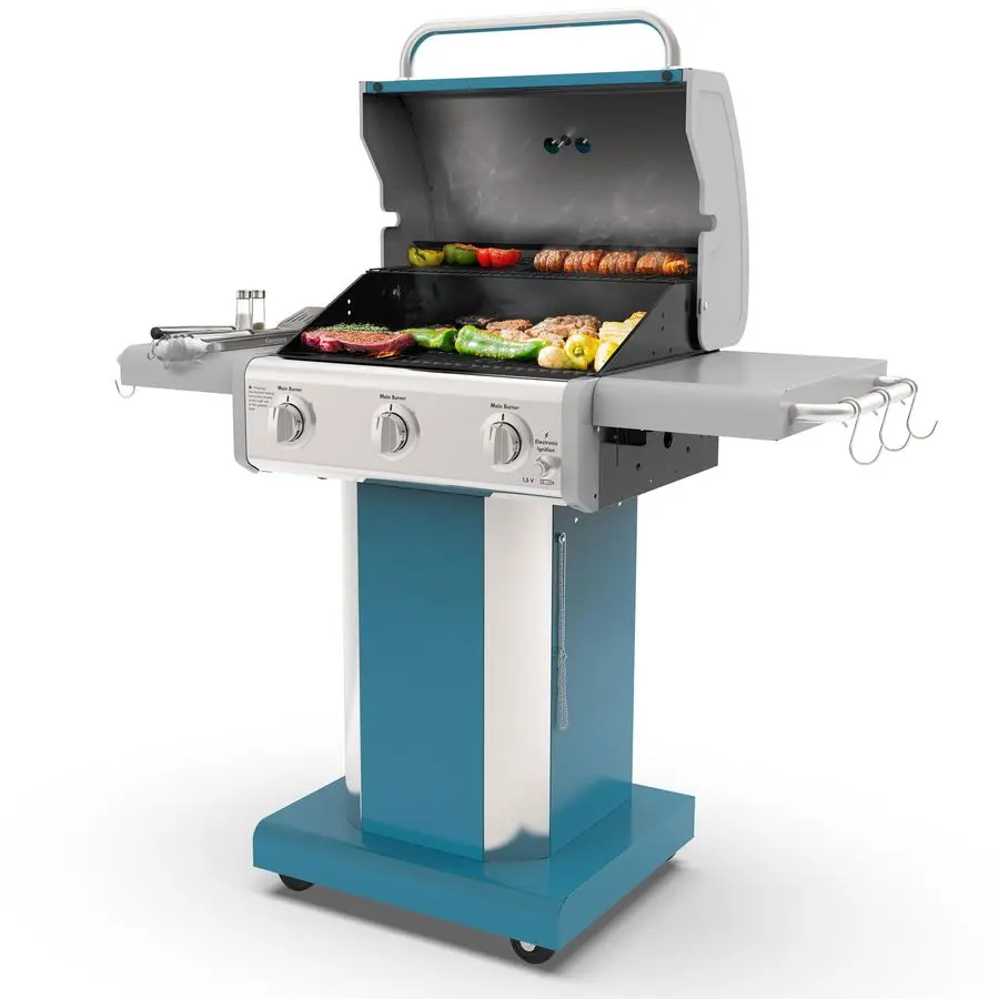 

3Burner Propane BBQ Grill, 30,000 BTUs Gas Grill with Cast Iron Cooking Grates, Folding Side Tables amp Wheels, Outdoor Grill wi