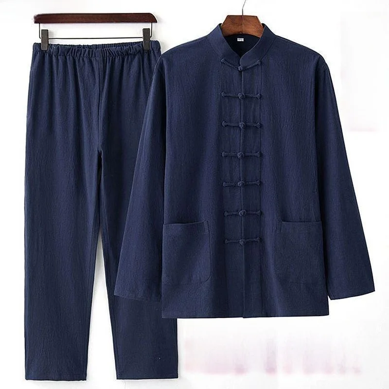 

Новый китайский хлопково-льняной мужской костюм, осенняя повседневная этническая одежда, комплект из двух предметов на пуговицах, традиционный длинный свеч, чистый...