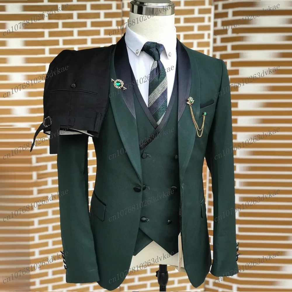 Dark Green And Black Business Men Suit Groom Groomsman Wedding Party Formal Tuxedo Male Costume Jacket Pants Vest 3 Piece Set