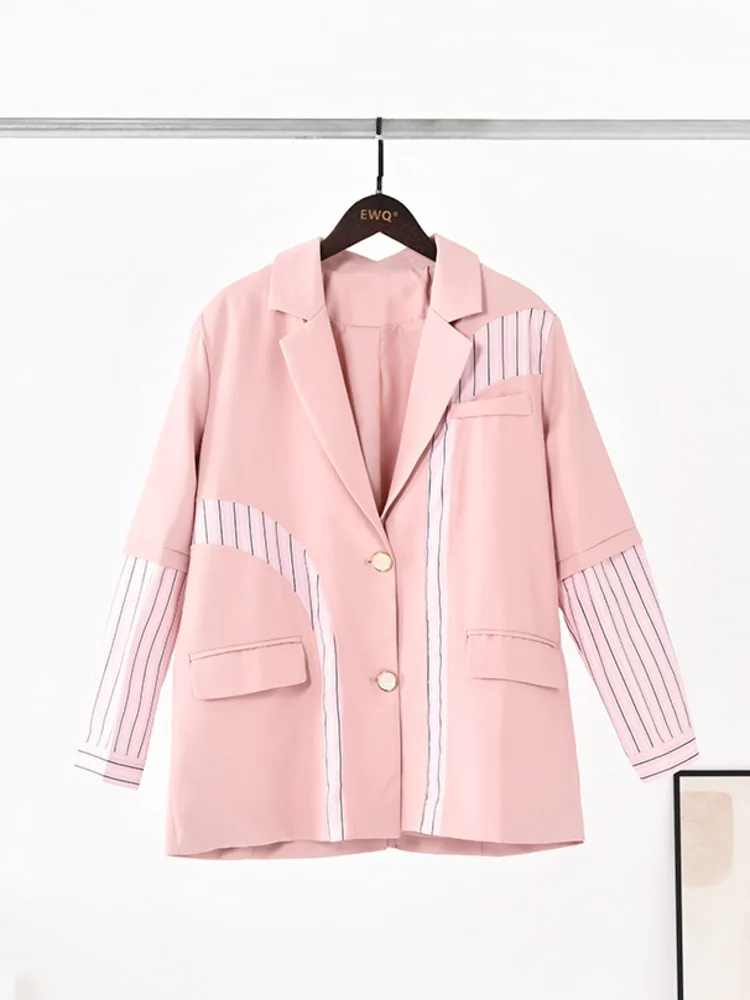 [EWQ] 2024 Autumn Striped Patchwork Fake Two-piece Blazer Coat Sweet Women Long Sleeve Loose Suit High Quality Jacket 16U99211