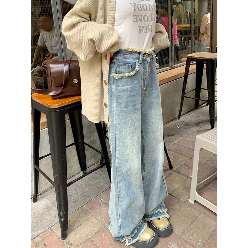 

2024 Retro Light Colored Wide Leg Jeans for Women Loose High Waisted Straight Leg Pants Lady Winter Casual Floor Mops Pants