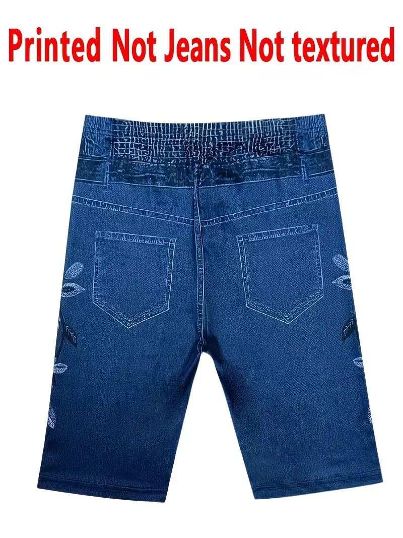 Bedruckte Leggings, Stoff ohne Denim, Caprihosen mit Faux-Taschen- und Knopf-Print, hochelastische neue Skinny-Hosen5 – Detail 5