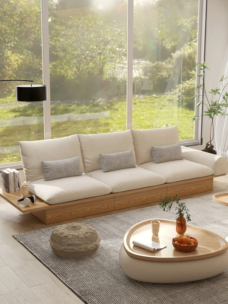 Solid wood frame living room small apartment simple storage three-person floor fabric log wabi sabi wind sofa