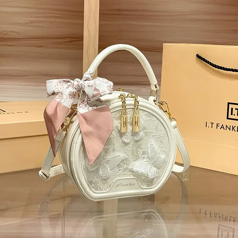 Versatile and Luxury Handheld Round Bag with Elegant Butterfly Lace and Delicate Scarves 2026 Women Popular Single Shoulder Bag