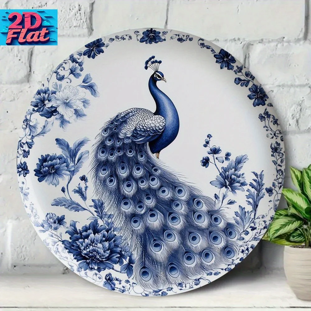 CIFBUY Elegante Pfauen-Wandkunst aus Aluminium, wasserdicht, langlebiges Metallschild, blau-weiße Blumendekoration für Wohnzimmer, Schlafzimmer, Büro.