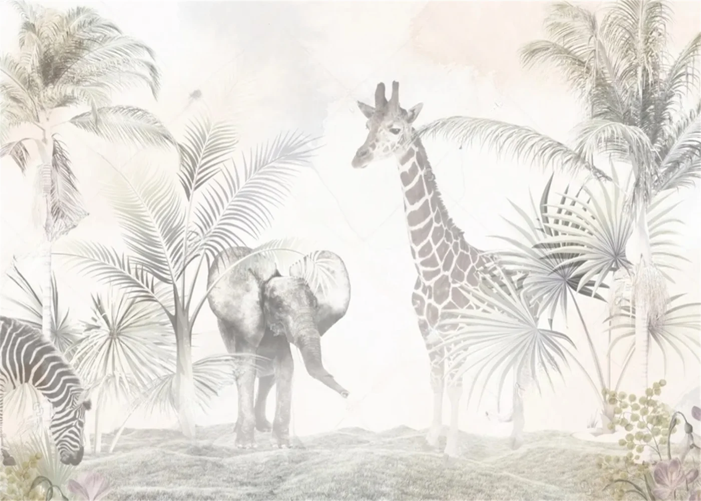 

Обои с тропическими растениями и животными: листья, слоны, жирафы, обезьяны, тигры, львы, зебры. 3D-обои на заказ.