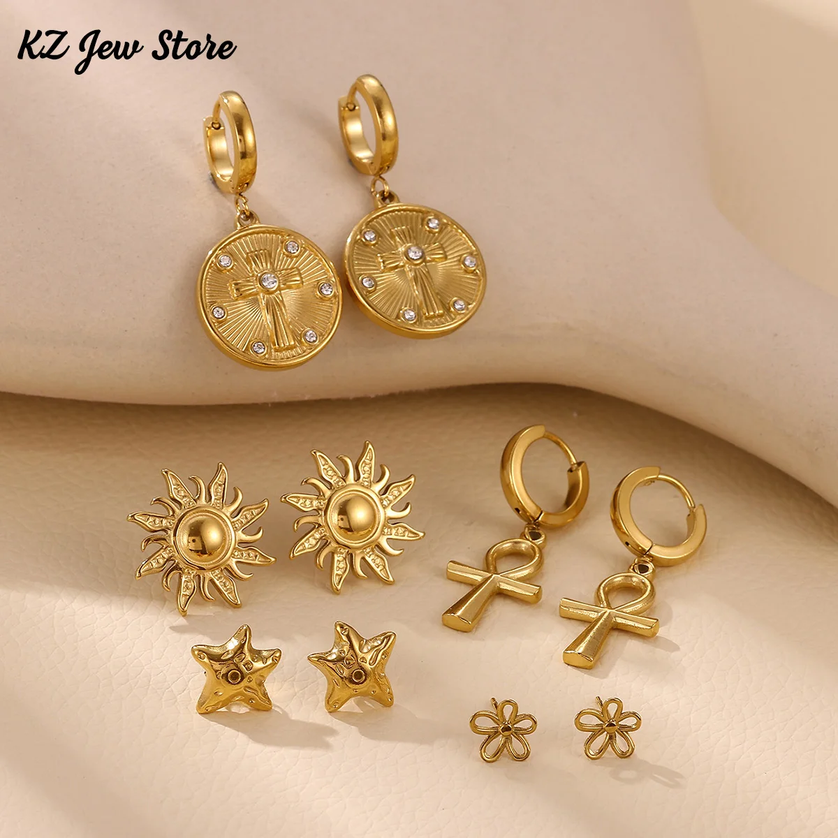 Gold Color Sun Earrings For Women Stainless Steel Cross Amulet Hoop Earring Fashion Waterproof Ear Piercing Jewelry Ramadan Gift