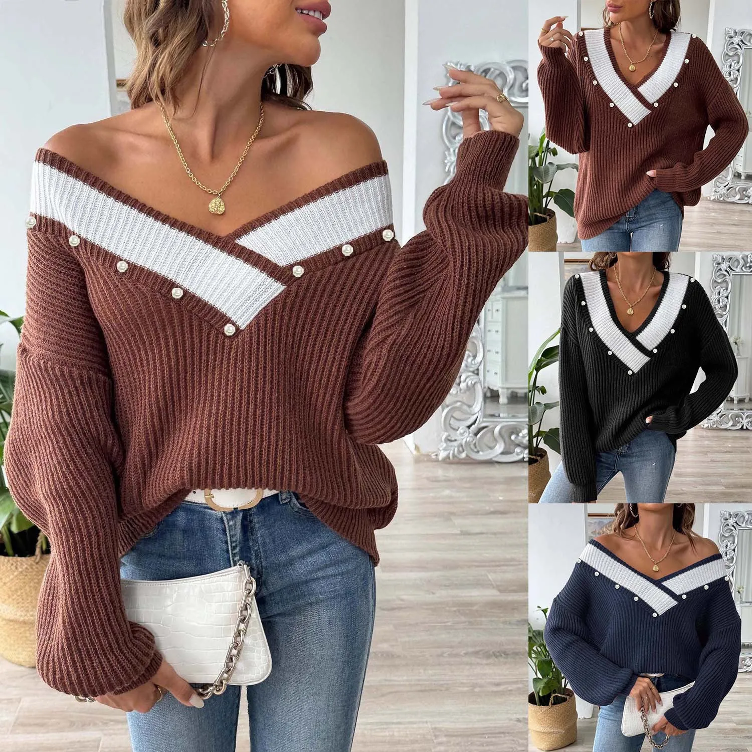 Suéter adornado con perlas |   Jersey de punto suelto con cuello en V y panel en contraste