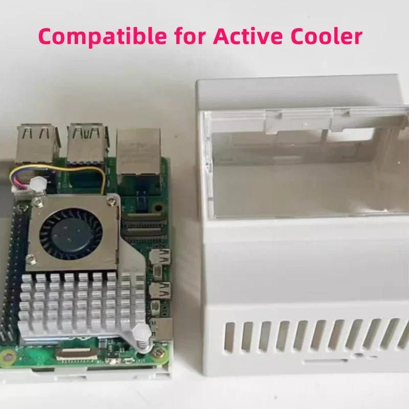 Raspberry Pi 5 Case DIN Rail Shell ABS Large Inner Space Clear Top Windows Electrice Box Optional Active Cooler for RPi 5 Pi5