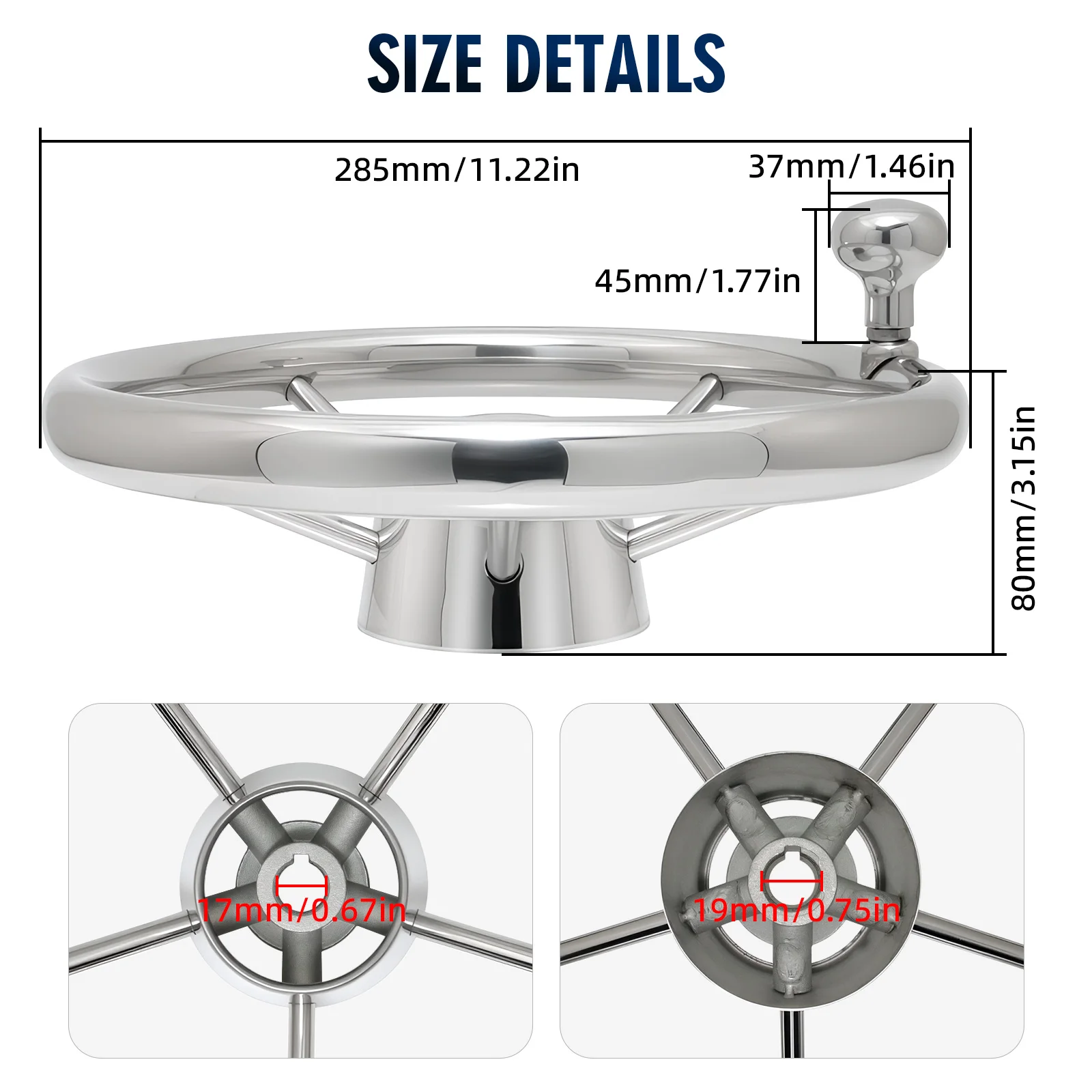 11Inch Stainless Steel Steering Wheel Mirror Polished Yacht with Control Knob 5 Spoke Destroyer For Yacht Boat Accessories