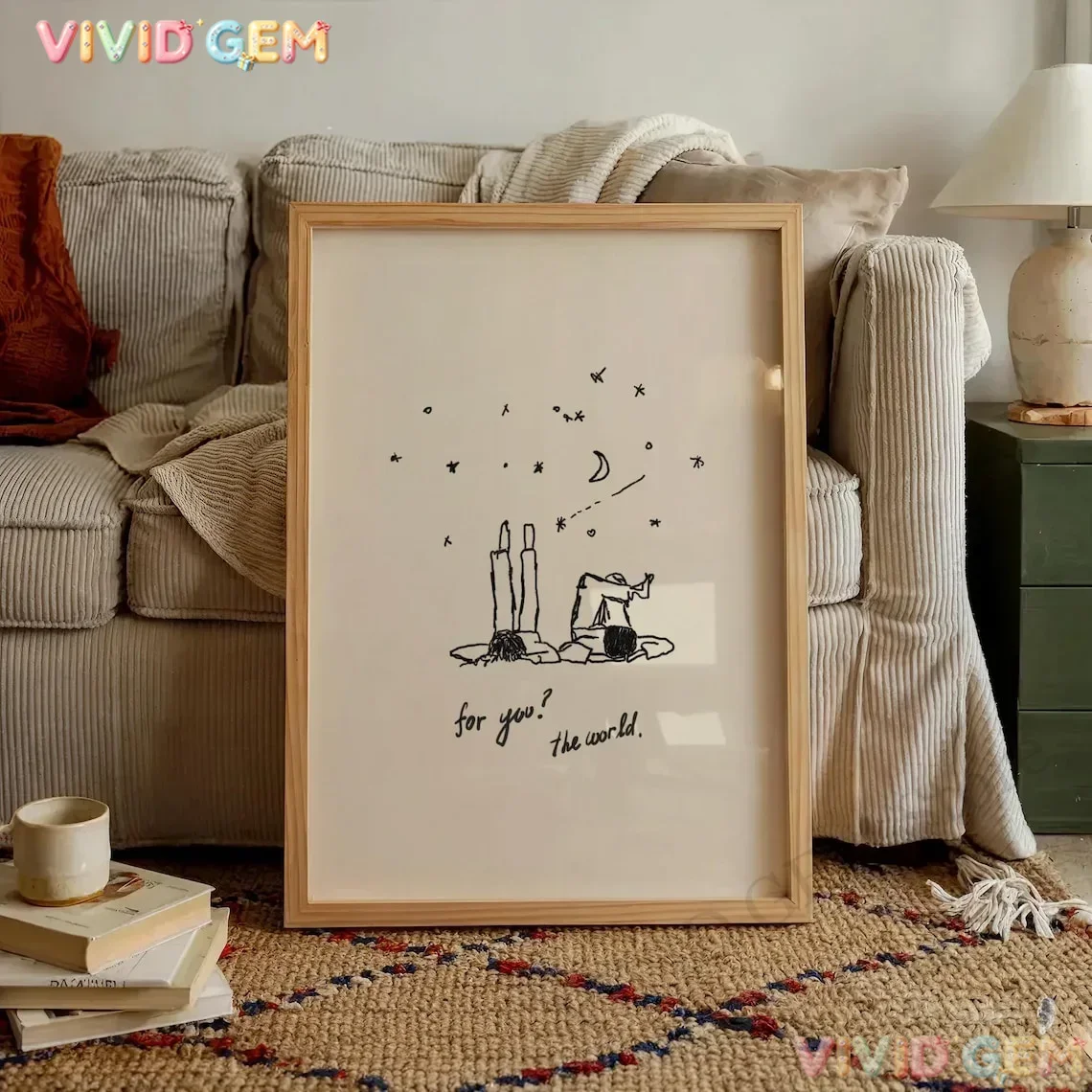 VIVID GEM Frameless canvas paintings,Neutral Vertical Hand-Drawn Wall Art For You the World Print Minimalist Love Poster Cute